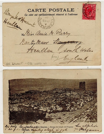BRITISH LEVANT - 1904 1d (GB) rate (un-overprinted) postcard use to UK from CONSTANTINOPLE.