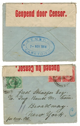 SOUTH AFRICA - 1914 2 1/2d rate censored cover to USA with CENSOR/CAPETOWN h/s applied on reverse.