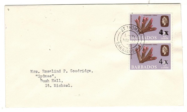 BARBADOS - 1970 8c rate local cover with one stamp showing SURCHARGE DOUBLE.  SG 398b.