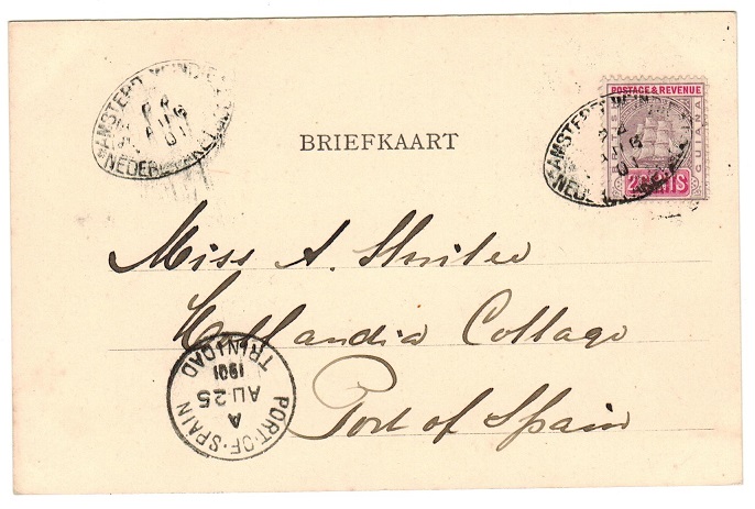 BRITISH GUIANA - 1901 2c rate postcard use to Trinidad with AMSTERDAM/NEDERLAND 