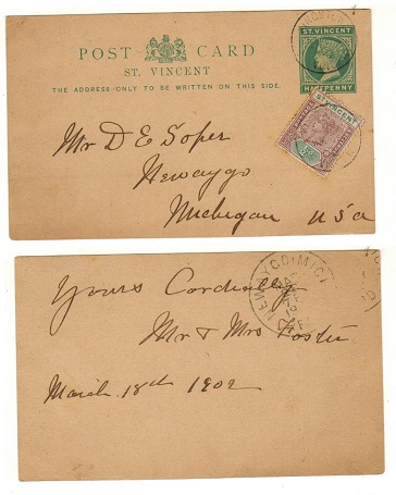ST.VINCENT - 1893 1/2d green PSC uprated to USA.  H&G 6.