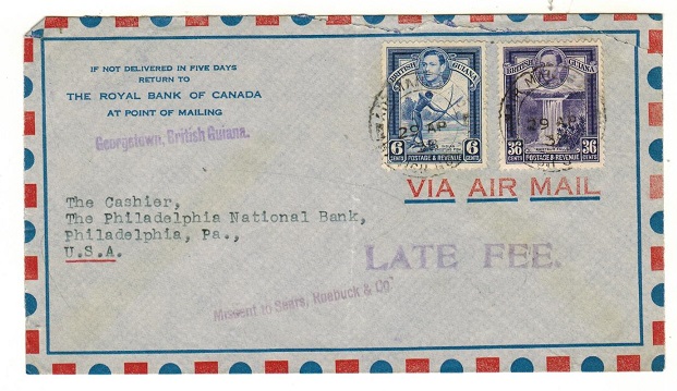 BRITISH GUIANA - 1938 42c rate cover to USA struck LATE FEE.
