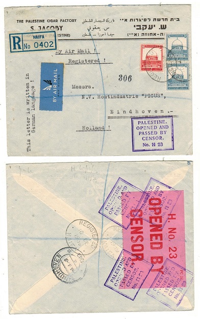 PALESTINE - 1939 38m rate registered censor cover to Holland.