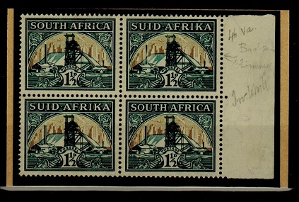 SOUTH AFRICA - 1936 1 1/2d (SG 57) BLKx4 with INVERTED WATERMARK and CHIMNEY flaw.