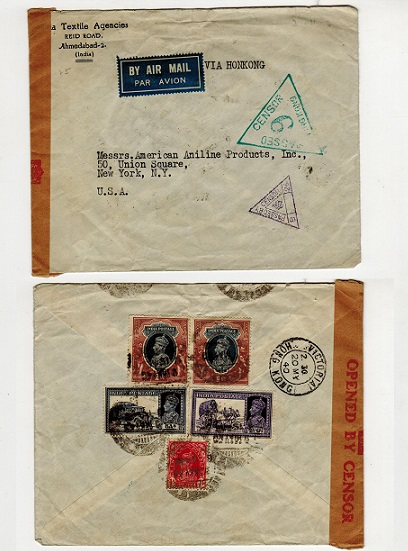 HONG KONG - 1940 India to USA censor cover with 