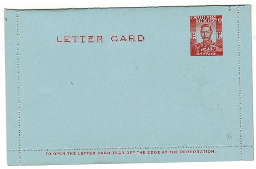 SOUTHERN RHODESIA - 1937 1d Red on blue postal stationery letter card unused.  H&G 3.
