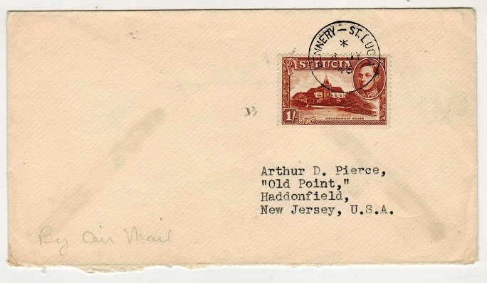 ST.LUCIA - 1946 1/- rate cover to USA used at DENNERY.