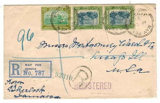 JAMAICA - 1927 4 1/2d rate registered cover to USA used at MAY PEN/JAMAICA.