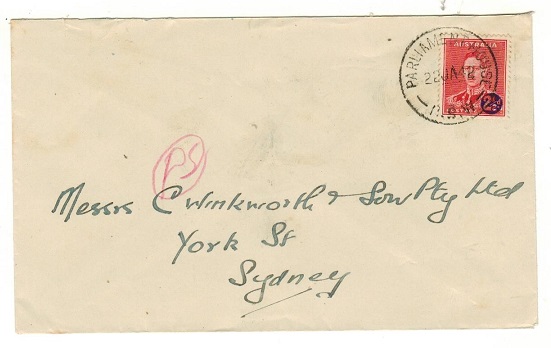 AUSTRALIA - 1942 2 1/2d on 2d surcharged local cover used at PARLIAMENT HOUSE.