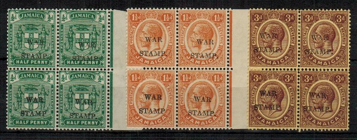JAMAICA - 1917 1/2d, 1  1/2d and 3d mint blocks of four with NO STOP AFTER P.  SG 73-75a.