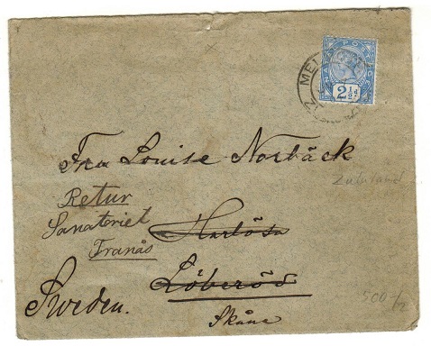 ZULULAND - 1901 cover to Sweden (scarce) with Natal 2 1/2d used at MELMOUTH/ZULULAND.