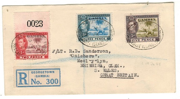 GAMBIA - 1948 10d rate registered cover to UK used at Mac CARTHY ISLAND.