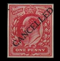 GREAT BRITAIN - 1901 1d IMPERFORATE PLATE PROOF struck CANCELLED printed in scarlet.