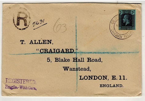 CAYMAN ISLANDS - 1936 2/- rate registered cover to UK used at GEORGETOWN.