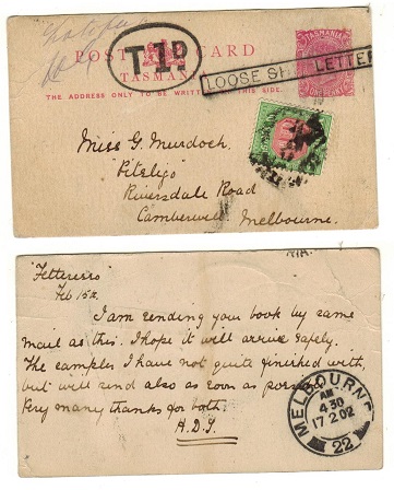 TASMANIA - 1895 1d pink PSC underpaid to Melbourne struck LOOSE SHIP LETTER.  h&g 7A.