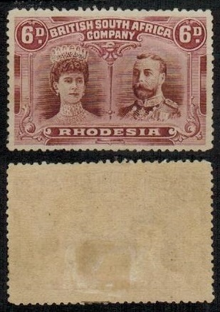 RHODESIA - 1910-13 6d red-brown and mauve mint with GASH IN EAR variety.  SG 144.