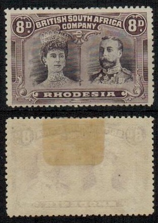 RHODESIA - 1910-13 8d dull purple and purple fine mint with GASH IN EAR variety.  SG 147.