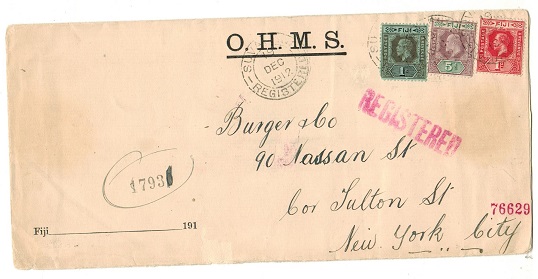 FIJI - 1912 1/6d registered (mixed reign franking) cover to USA used at SUVA/FIJI.