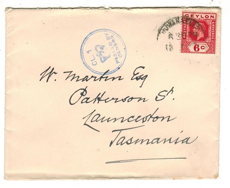 AUSTRALIA - 1916 (circa) inward cover from Ceylon with crowned CL.1 censor h/s applied in Tasmania.