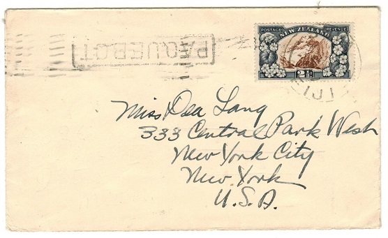 FIJI - 1939 2 1/2d rate PAQUEBOT cover to USA with New Zealand adhesive used at SUVA.