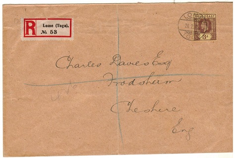 TOGO - 1915 3d rate (un-overprinted) registered cover to UK used at LOME/TOGO.