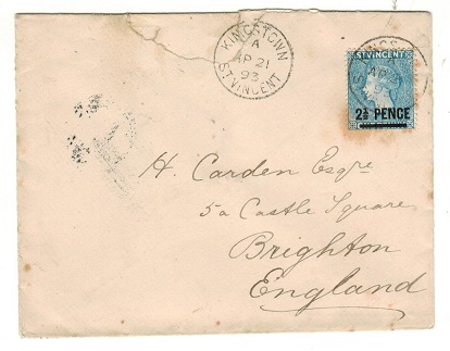 ST.VINCENT - 1893 2 1/2d on 1d blue surcharged cover to UK.