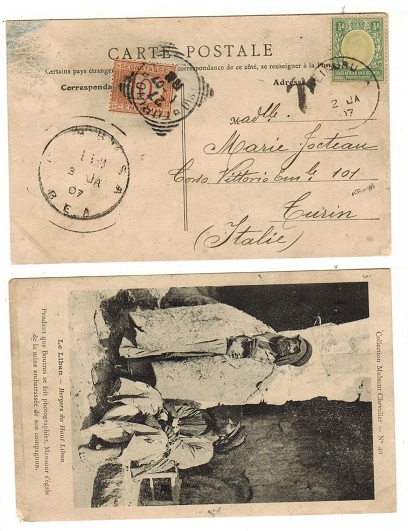 K.U.T. - 1907 underpaid postcard to Italy used at LIMURU with Italian 