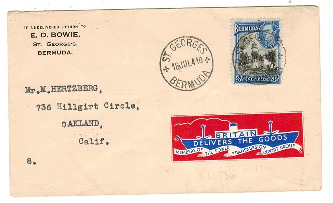 BERMUDA - 1941 3d rate cover to USA with scarce BRITAIN DELIVERS THE GOODS patriotic label.
