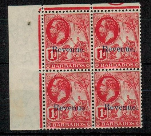 BARBADOS - 1916 1d red mint REVENUE block of four.