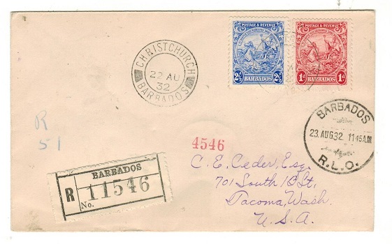 BARBADOS - 1932 3 1/2d rate registered cover to USA used at CHRISTCHURCH.