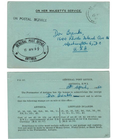 ANTIGUA - 1952 OHMS postcard addressed to USA used at ST.JOHN