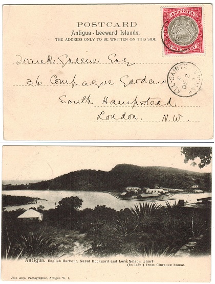 ANTIGUA - 1903 1d rate postcard to UK used at ALL SAINTS.