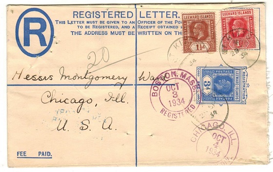 ST.KITTS - 1926 3d ultramarine RPSE of Leeward Islands uprated to USA.  H&G 5a.