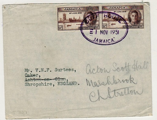 JAMAICA - 1951 3d rate cover to UK used at DUFF HOUSE. 