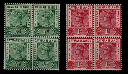 CAYMAN ISLANDS - 1900 1/2d green and 1d carmine in mint blocks of four.  SG 1a+2.
