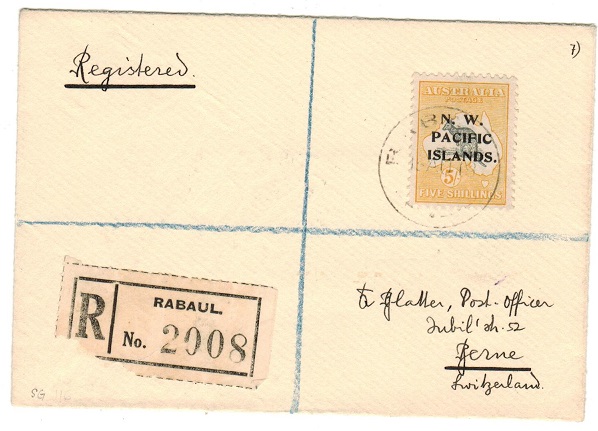 NEW GUINEA - 1919 5/- rate registered cover to Switzerland used at RABAUL.