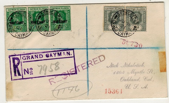 CAYMAN ISLANDS - 1921 4d rate registered cover to USA with 1/2d 
