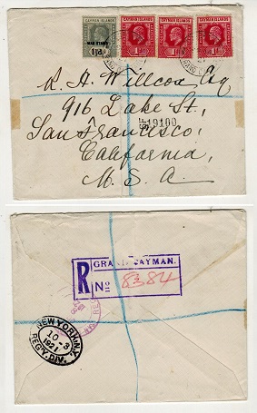 CAYMAN ISLANDS - 1921 3d rate registered cover to USA (crease) with 1 1/2d 
