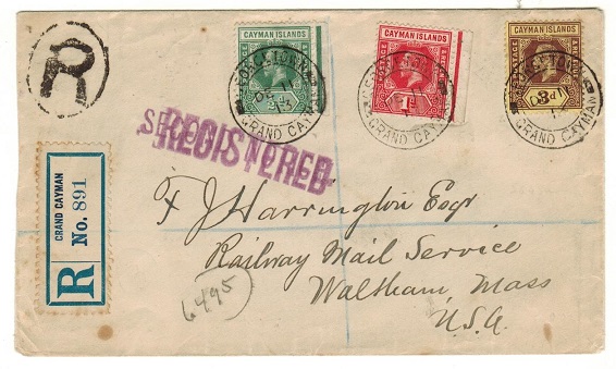 CAYMAN ISLANDS - 1913 4 1/2d rate registered cover to USA used at GEORGETOWN.