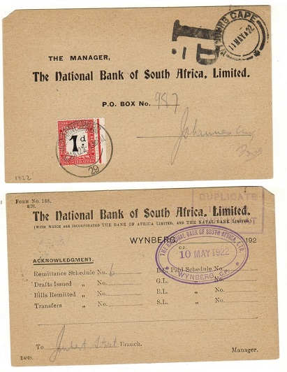 SOUTH AFRICA - 1922 unpaid commercial card with 1d 