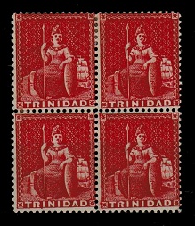 TRINIDAD AND TOBAGO - 1876 1d scarlet mint block of four with REVERSED WATERMARK.  SG 75x