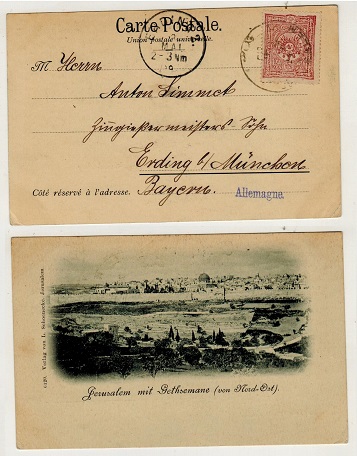 PALESTINE - 1899 20pa postcard to USA used at JERUSALEM.