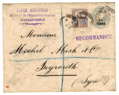 BRITISH LEVANT - 1893 40p on 2 1/2d grey-blue PSE uprated and registered to Syria. H&G 1.