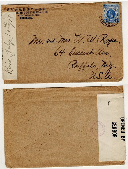 HONG KONG - 1918 10c rate commercial censored cover to USA.