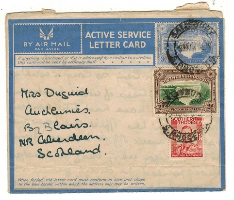 SOUTHERN RHODESIA - 1944 3d blue Active Service Letter Card uprated to UK at SALISBURY.  H&G 4.