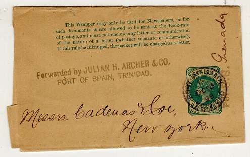 TRINIDAD AND TOBAGO - 1884 1/2d green postal stationery wrapper to USA with 