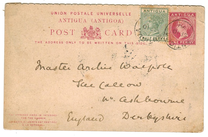 ANTIGUA - 1886 1d outward section of 1d+1d carmine PSRC uprated to UK.  H&G 4.