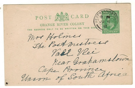 CAPE OF GOOD HOPE - 1912 inward use of 1/2d green PSC (H&G 35) used at WEST KENSINGTON in the UK.