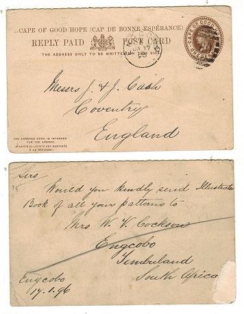 CAPE OF GOOD HOPE - 1892 reply section of the 1d+1d brown PSRC to UK used at ENGCOBO.  H&G 7.