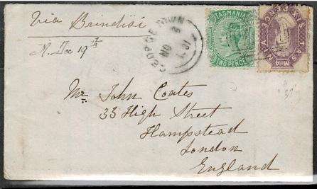 TASMANIA - 1881 8d rate cover to UK used at GEORGE TOWN.